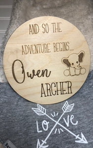 PERSONALIZED AND SO THE ADVENTURE BEGINS birth announcement circle