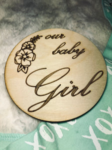 OUR BABY BOY or OUR BABY GIRL announcement circle with embellishments